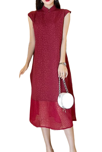 Cap Sleeves Pleats Please Cheongsam Dress