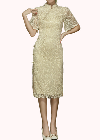 Bell Sleeves Champagne Lace Cheongsam