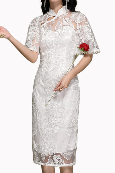 Bell Sleeves White Lace Cheongsam
