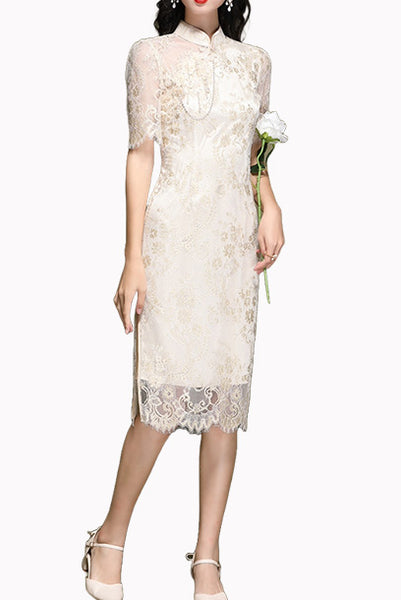 Elbow Sleeves Champagne Lace Cheongsam