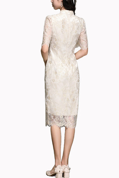 Elbow Sleeves Champagne Lace Cheongsam