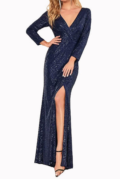 Long Sleeves V Neck Sequin Evening Gown