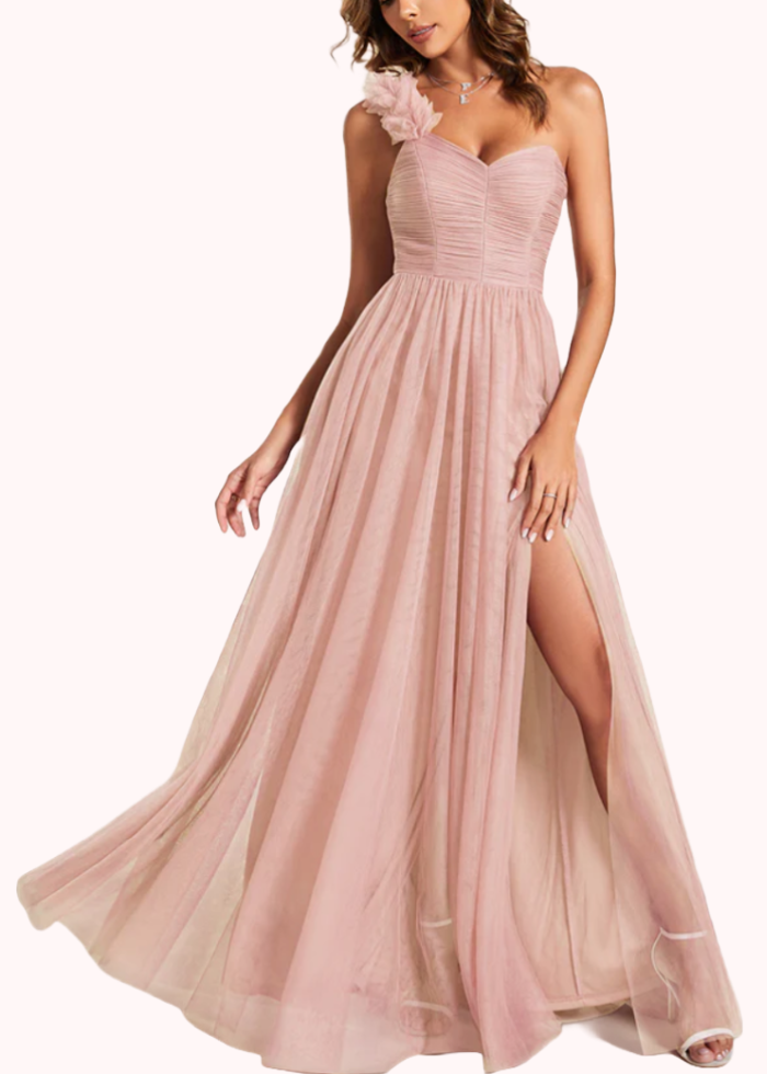 One Shoulder Blush Pink Ruched Sweetheart Evening Gown – Frockalicious