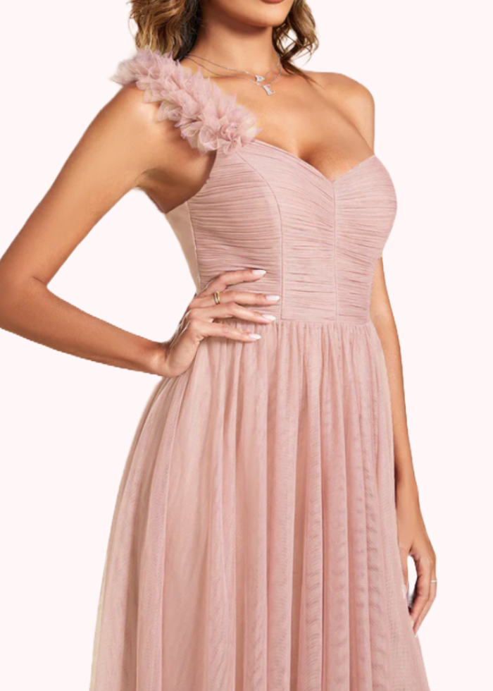 One Shoulder Blush Pink Ruched Sweetheart Evening Gown