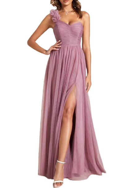 One Shoulder Blush Pink Ruched Sweetheart Evening Gown