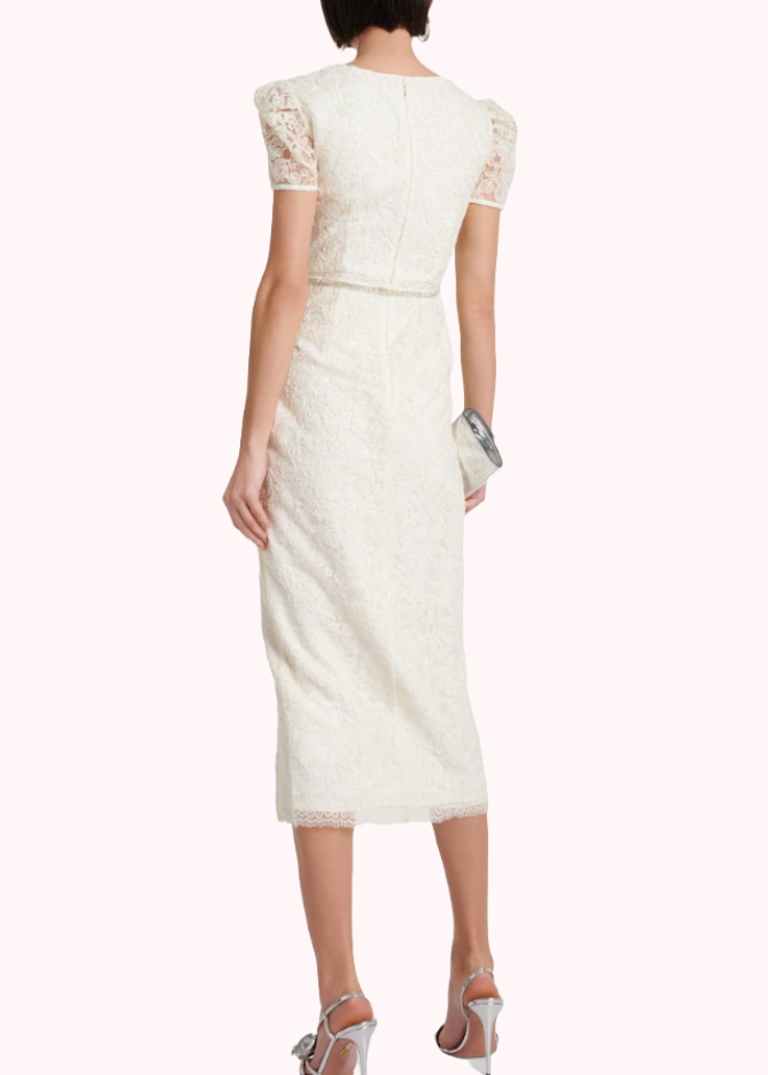 Puffed Sleeves Lace Midi Dress