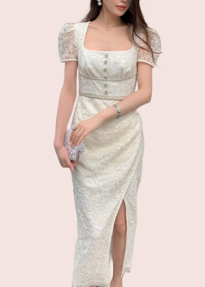 Puffed Sleeves Lace Midi Dress