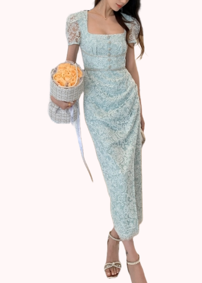 Puffed Sleeves Lace Midi Dress