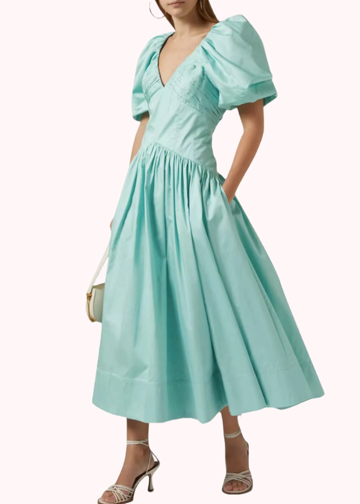 Puffed Sleeves Plunging Midi Dress