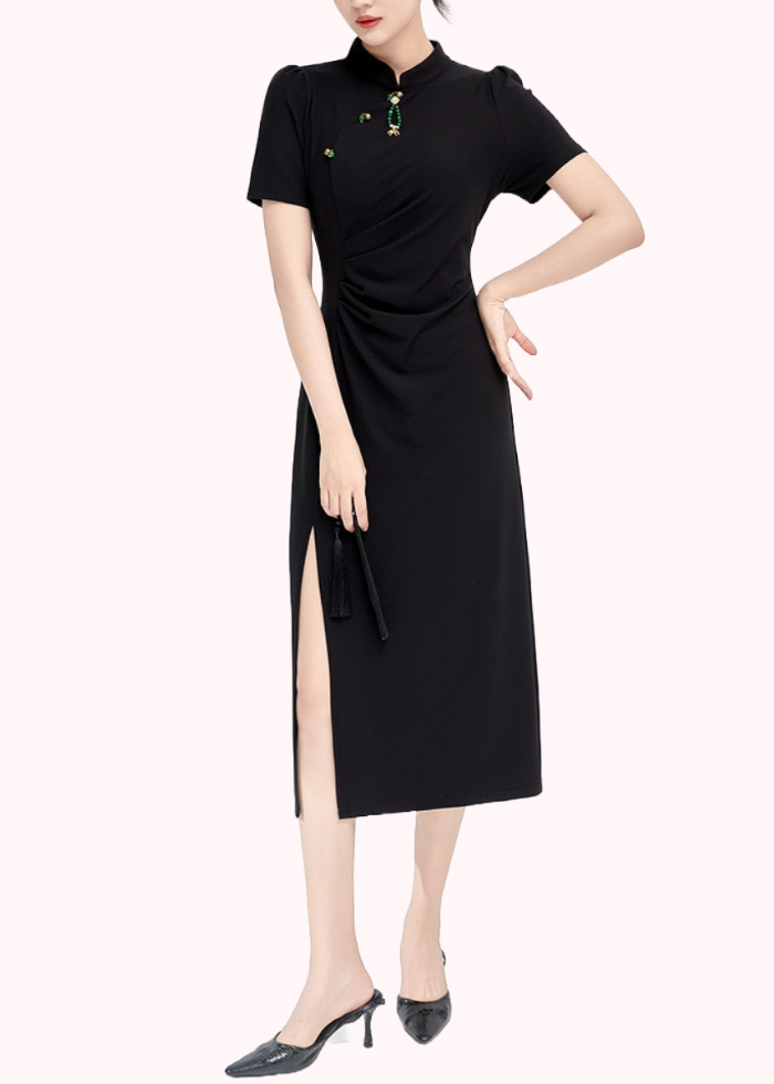 Puffed Sleeves Ruched Midi Cheongsam