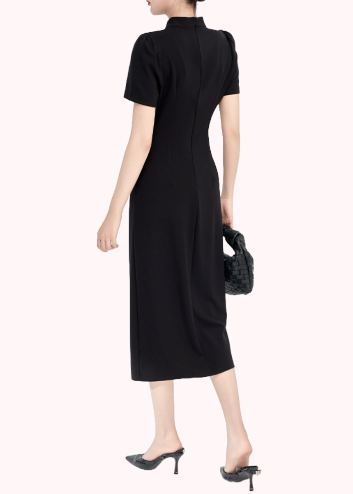 Puffed Sleeves Ruched Midi Cheongsam