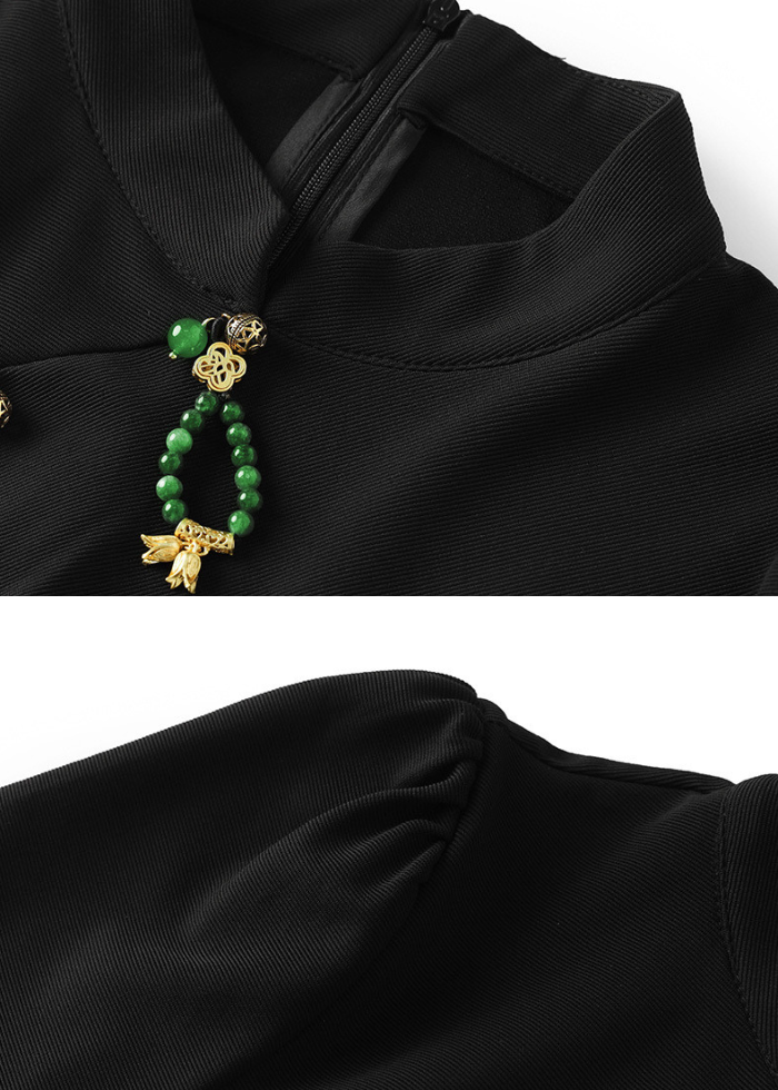 Puffed Sleeves Ruched Midi Cheongsam