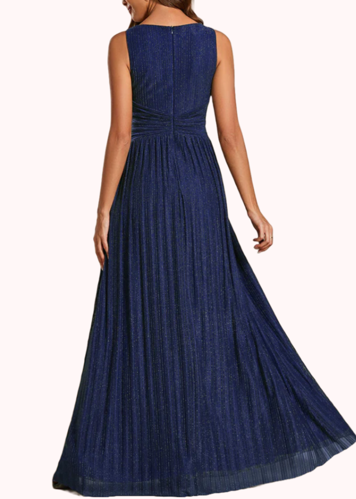 Sleeveless Deep V Neck Pleated Evening Gown