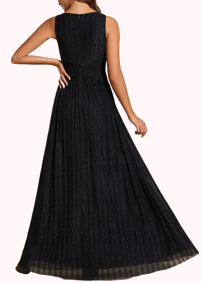 Sleeveless Deep V Neck Pleated Evening Gown