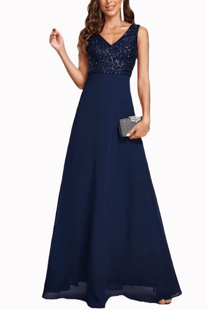 Sleeveless V Neck Sequin Evening Gown