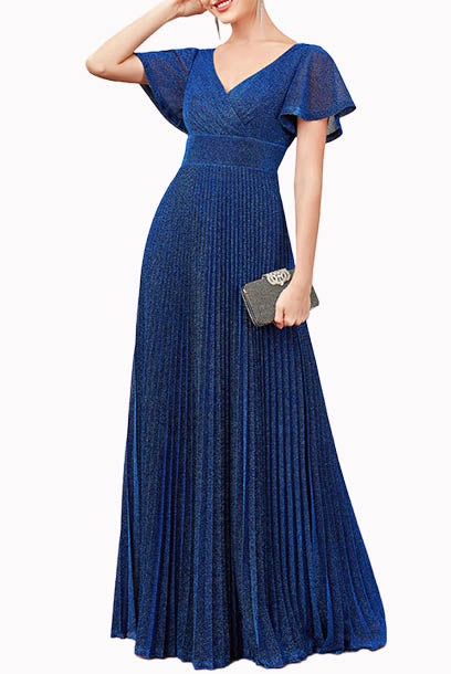 Bell Sleeves Shimmer Blue Evening Gown