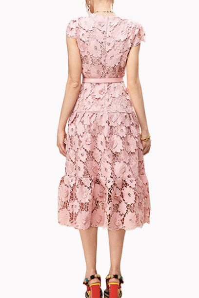Cap Sleeves Guipure Lace Midi Dress