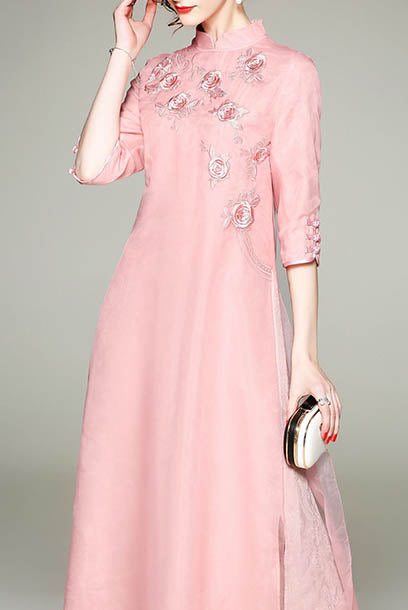 Elbow Sleeves 3D Floral Organza Cheongsam