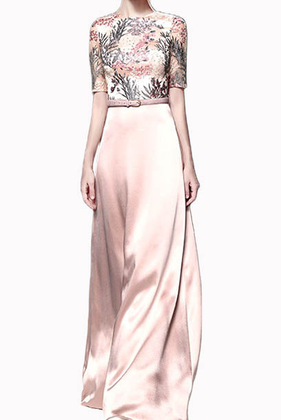 Elbow Sleeves Embroidered Floral Evening Gown