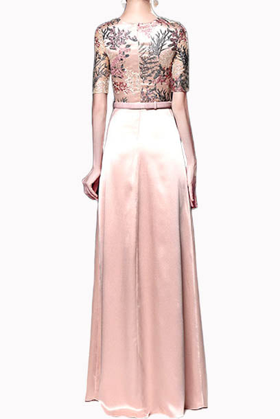 Elbow Sleeves Embroidered Floral Evening Gown