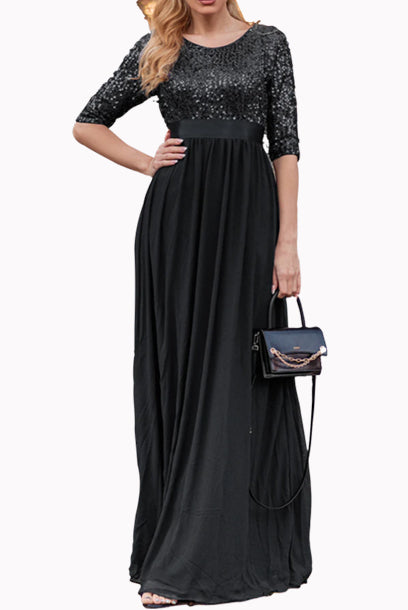 Elbow Sleeves Sequin Chiffon Evening Dress