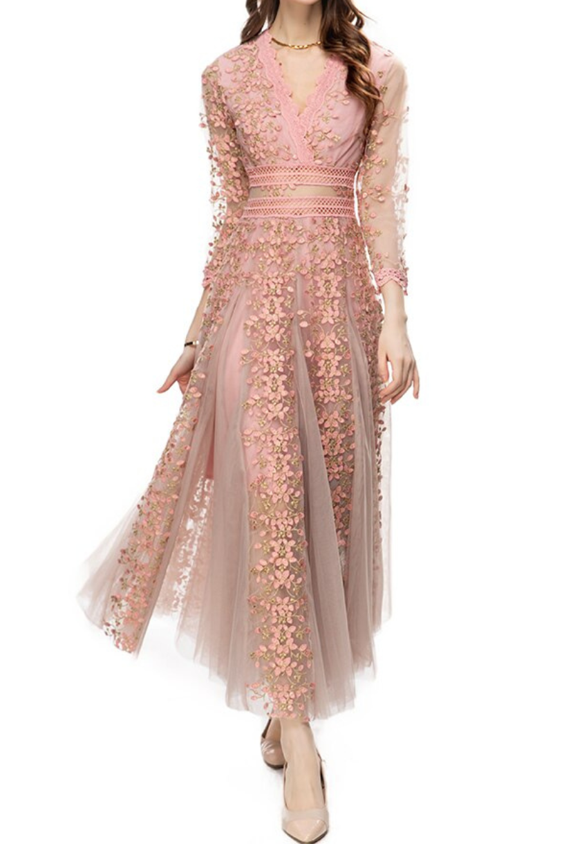 Long Sleeves 3D Floral Maxi Dress