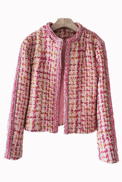 Long Sleeves Pink Tweed Jacket