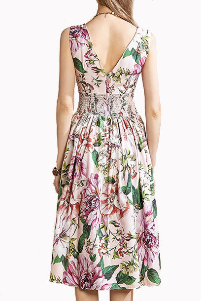Pink Floral Print Smocked Waist Dress