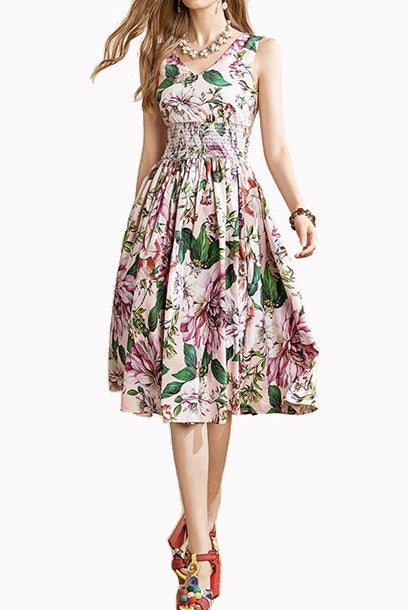 Pink Floral Print Smocked Waist Dress