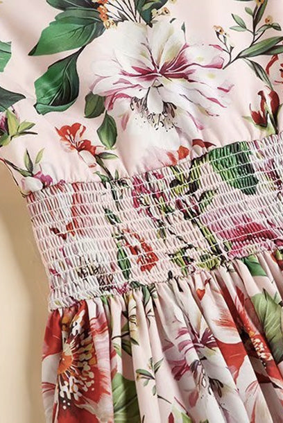 Pink Floral Print Smocked Waist Dress