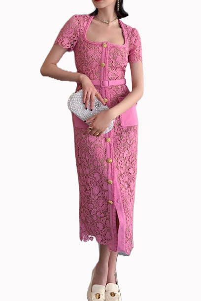 Pink Guipure Lace Midi Dress