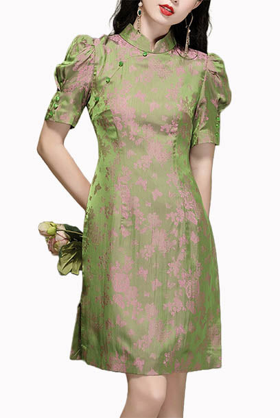 Puffed Sleeves Green Acetate Cheongsam