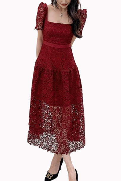 Puffed Sleeves Burgundy Guipure Lace Midi Dress