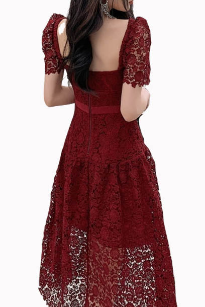Puffed Sleeves Burgundy Guipure Lace Midi Dress