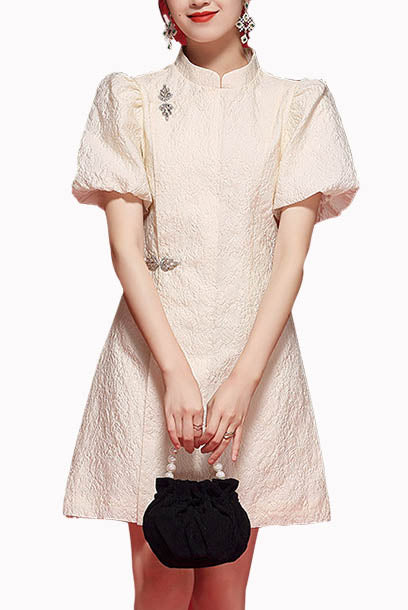 Puffed Sleeves Jacquard Cheongsam Qipao