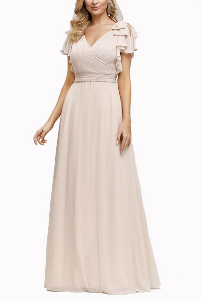 Ruffles Sleeves V Neck Navy Evening Gown