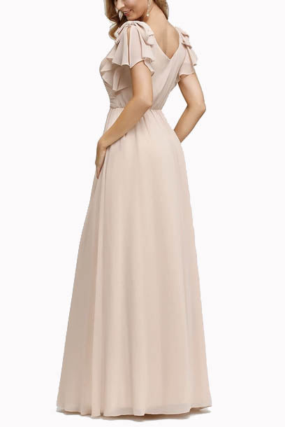 Ruffles Sleeves V Neck Navy Evening Gown