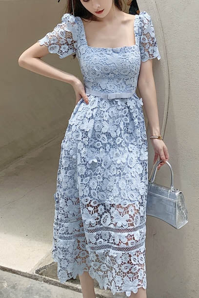chinese dress ladies Short Sleeves Blue Guipure Lace Midi Dress – Frockalicious