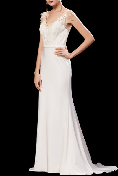 Sleeveless White Lace Satin Brides Evening Gown