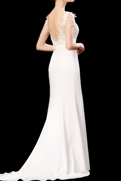 Sleeveless White Lace Satin Brides Evening Gown