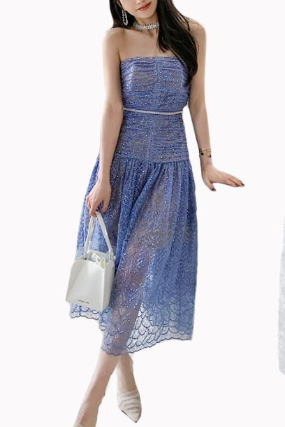Strapless Sequined Blue Midi Dress