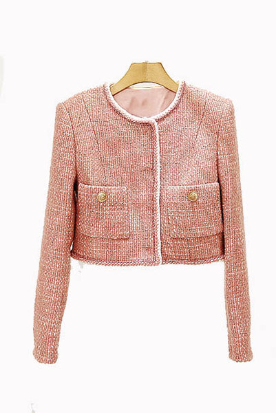 Long Sleeves Pink Tweed Jacket