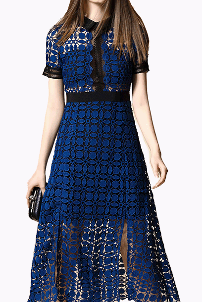 Short Sleeves Blue Scallop Edge Midi Dress