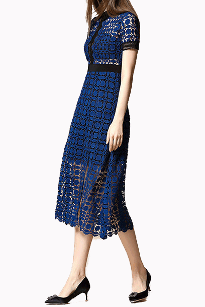 Short Sleeves Blue Scallop Edge Midi Dress