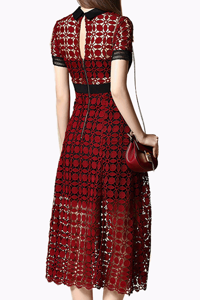 Short Sleeves Blue Scallop Edge Midi Dress