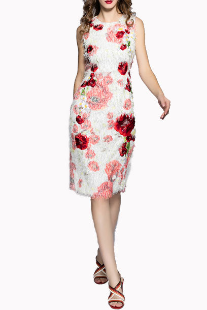 Sleeveless Fringe Rose Sheath Dress