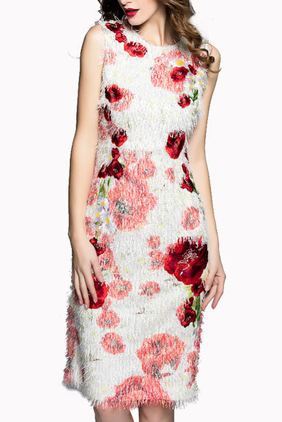 Sleeveless Fringe Rose Sheath Dress