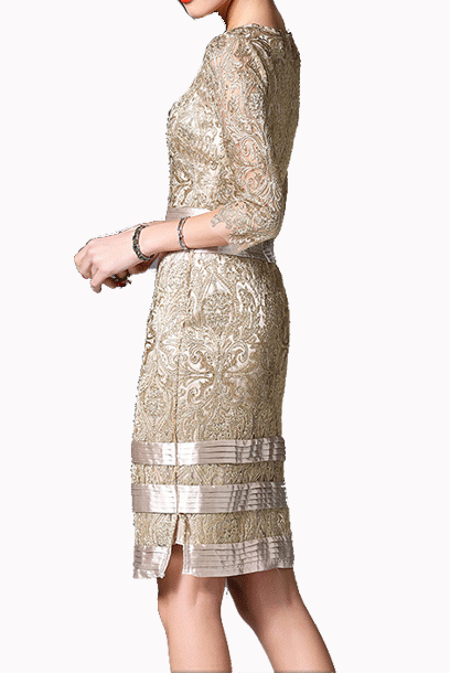 Elbow Sleeves Gold Embroidered Lace Pencil Dress