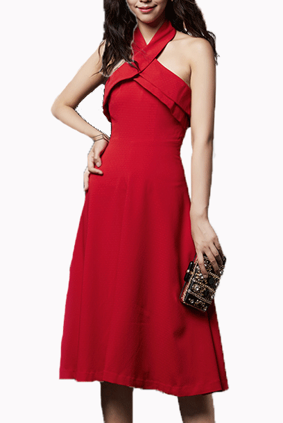 Red halter 2025 midi dress