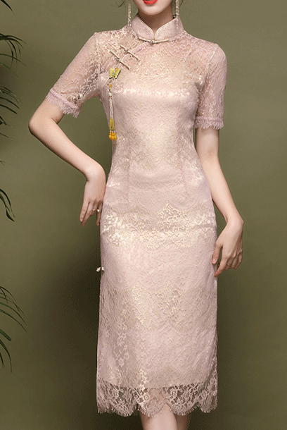Short Sleeves Metallic Lace Midi Cheongsam